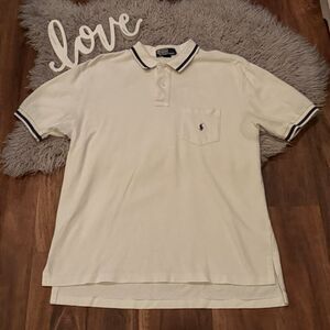 Polo Ralph Lauren Shirt Mens Large Cream Navy Tipped Collar Cotton Short Sleeve